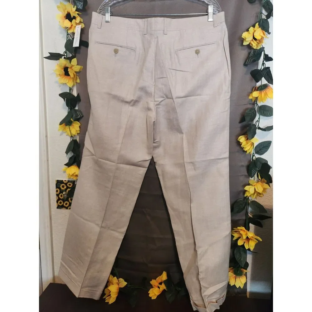NWT Concepts by Claiborne Men's Beige Linen Dress Pants Flat Front 36W x 30L